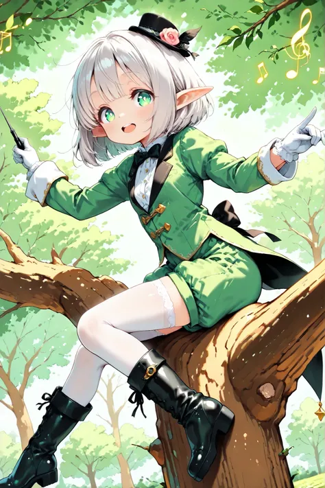 ((deep forest, trees, world tree, on the tree, trees grow:1.2)), (directing the music, sparkling notes, multiple notes, swirling notes), dutch angle, from side, (solo, 1girl, elf, silver hair, bob cut, light green eyes, pointed ears), (((loli, thin, petite...