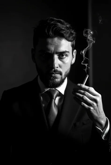 A moody black-and-white portrait of a sharply dressed man in a 1940s-style suit, holding a cigarette delicately between his fingers. Wisps of smoke rise directly from the lit tip of the cigarette, curling naturally around his hand and drifting upward in so...