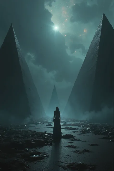 woman, Panoramic shot, you can see everything, the pyramids are partially flooded, a beautiful and creepy world in which you want to stay, calling to yourself every night, An ancient alien world, scattered stars, nebulae and galaxies are visible in the sky...