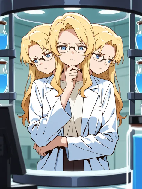 anime girl with three heads, thinking, focused, contemplative, slightly frustrated, blond hair, blue eyes, glasses, white lab coat, hand on chin, laboratory