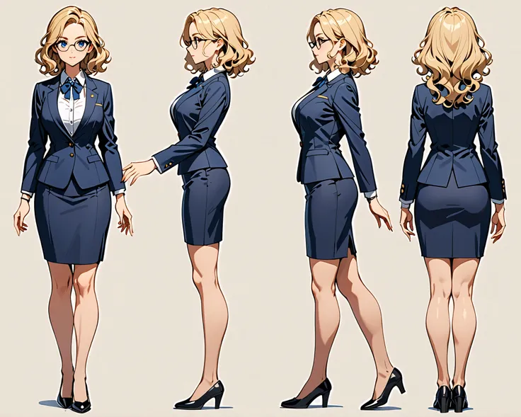 masterpiece, best quality, high res, 1girl, finger proportions coordination, (equal height), standard breasts, blue formal jacket, white collared shirt, skirt, pencil skirt), bare legs, glasses, black shoes, solo, standing, beautiful detailed eyes, beautif...