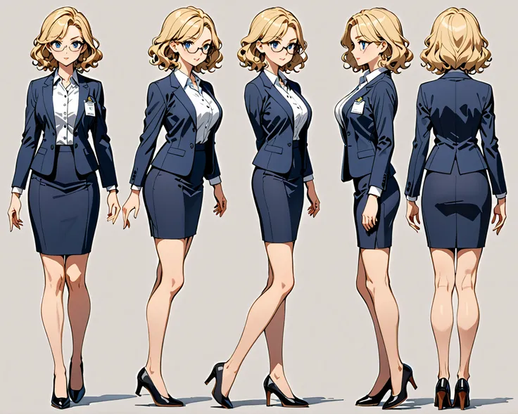 masterpiece, best quality, high res, 1girl, finger proportions coordination, (equal height), standard breasts, blue formal jacket, white collared shirt, skirt, pencil skirt), bare legs, glasses, black shoes, solo, standing, beautiful detailed eyes, beautif...