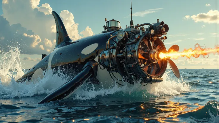 A majestic orca whale, its body gleaming in the sunlight, proudly displays a massive rotary propeller engine attached to its nose. The blades spin at an incredible pace, generating a whirlwind of diesel smoke and flames as it revs up like a dragster. With ...
