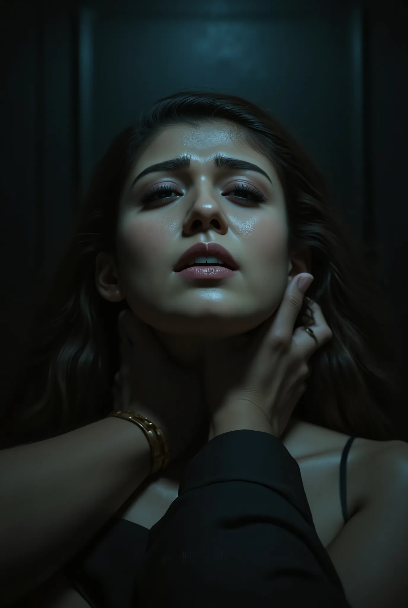 Close up of women getting strangled, eyes closed, chin up 