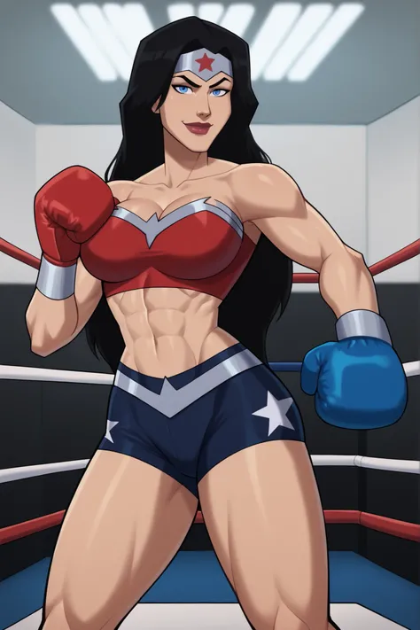 looking at viewer, smile, closed mouth, WWDiana, DianaHero, wonder woman, superhero, long hair, black hair, blue eyes, makeup, lipstick, bare shoulders, score_9, score_8_up, score_7_up, score_6_up, 1girl, solo, large breasts, cleavage, curvy athletic, sta...