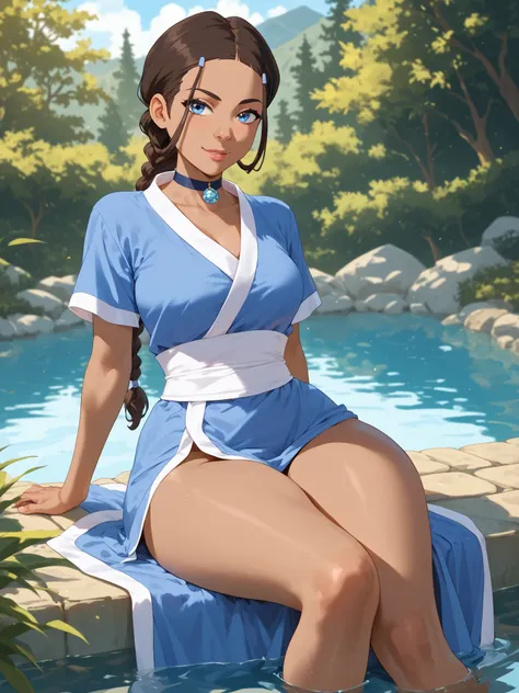 katara, long hair, blue eyes, brown hair, black hair, hair ornament, hairclip, braid, single braid, braided ponytail, dark skin, dark-skinned female, choker, short sleeves, robe, blue robe, sash, 8k, Obra maestra, mejor calidad, ultra detallado, detalles i...
