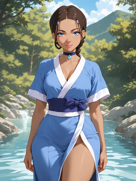 katara, long hair, blue eyes, brown hair, black hair, hair ornament, hairclip, braid, single braid, braided ponytail, dark skin, dark-skinned female, choker, short sleeves, robe, blue robe, sash, 8k, Obra maestra, mejor calidad, ultra detallado, detalles i...
