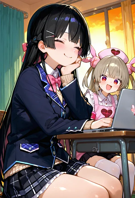 748cmstyle。2 girls。Tsukino Mito(Nijisanji)、blazer uniform、black check skirt。tables。 laugh。Sit face to face。Hospital room。Sunset。natori sana, virtual youtuber, reaction。laptop。2 girls