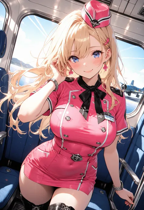 masterpiece,best quality,ultra detailed,8K,super fine illustration,highly detailed beautiful face and eyes,perfect anatomy,professional lighting,1girl,flight attendant,solo, safe,orange dress,pink dress,two-tone dress,microskirt,boots,smile,airplane interi...