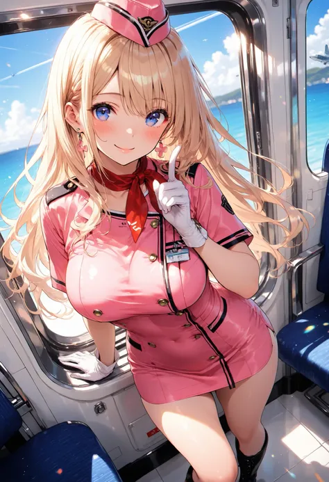 masterpiece,best quality,ultra detailed,8K,super fine illustration,highly detailed beautiful face and eyes,perfect anatomy,professional lighting,1girl,flight attendant,solo, safe,orange dress,pink dress,two-tone dress,microskirt,boots,smile,airplane interi...