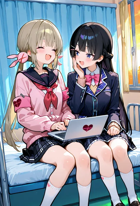 748cmstyle。2 girls。Tsukino Mito(Nijisanji)、blazer uniform、black check skirt。tables。 laugh。face to face。sit。Hospital room。Sunset。natori sana, virtual youtuber, twintails, low twintails, hair ornament, pink cardigan, black sailor collar, red neckerchief, ple...