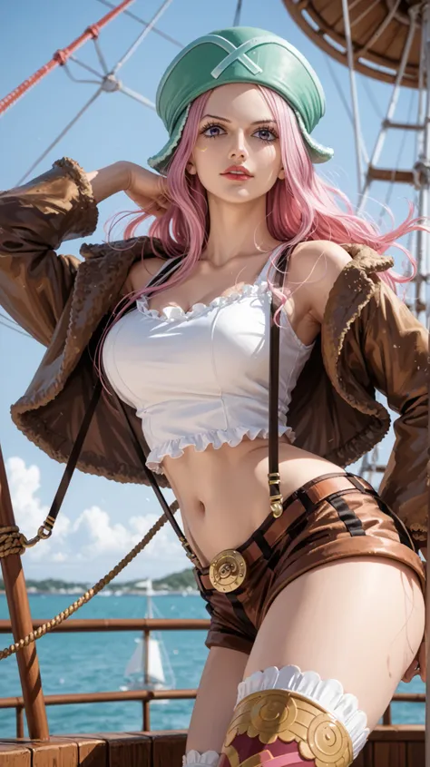 Jewelry Bonney from One Piece, in her original anime outfit — white crop top, red and black shorts, brown open jacket, thigh-high socks — striking a dynamic pose on the deck of her pirate ship. Pizza slices and a chocolate donut with sprinkles float around...