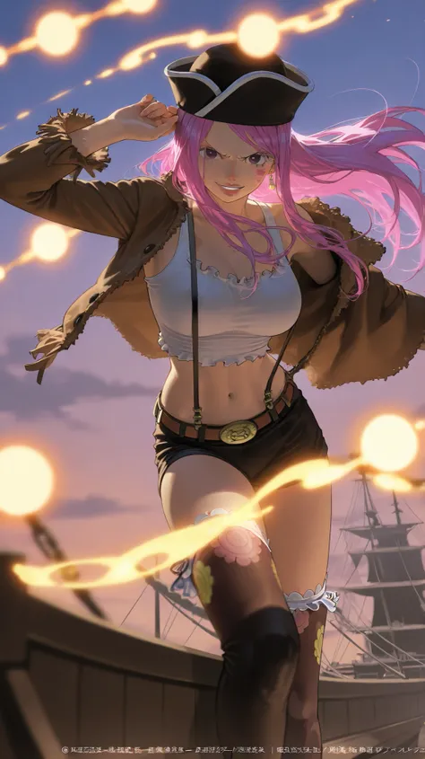 Jewelry Bonney from One Piece, in her original anime outfit — white crop top, red and black shorts, brown open jacket, thigh-high socks — striking a dynamic pose on the deck of her pirate ship. Pizza slices and a chocolate donut with sprinkles float around...