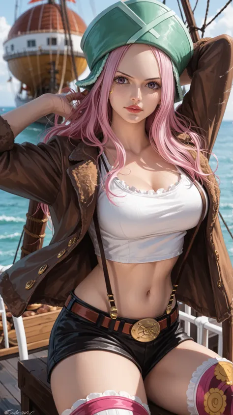 Jewelry Bonney from One Piece, in her original anime outfit — white crop top, red and black shorts, brown open jacket, thigh-high socks — striking a dynamic pose on the deck of her pirate ship. Pizza slices and a chocolate donut with sprinkles float around...