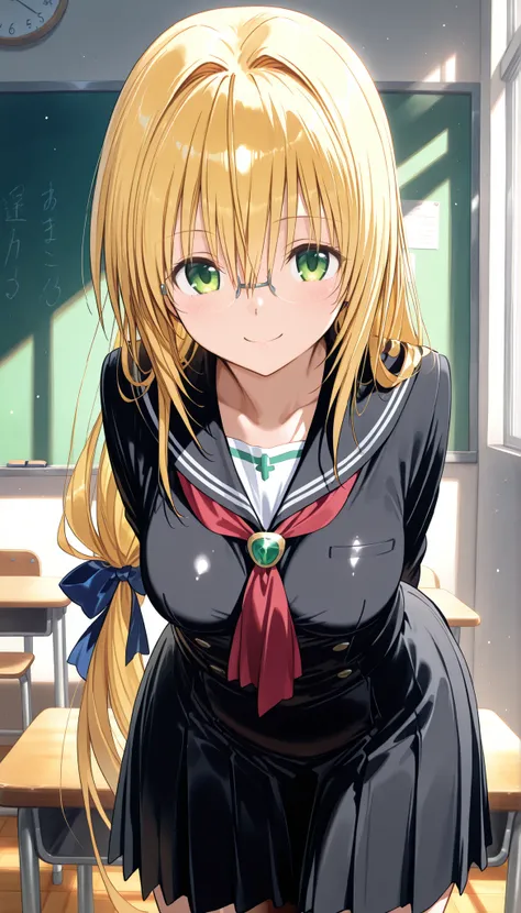 masterpiece, score_9, score_8_up, score_7_up, anime, pinup, greatest masterpiece, full twinkle, perfect face, best quality, high resolution, 1 girl, Tearju,blonde hair,green eyes,low-tied long hair,blue hair bow, t_glasses,rimless glasses, light skin, smil...