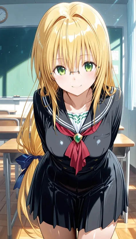 masterpiece, score_9, score_8_up, score_7_up, anime, pinup, greatest masterpiece, full twinkle, perfect face, best quality, high resolution, 1 girl, Tearju,blonde hair,green eyes,low-tied long hair,blue hair bow, t_glasses,rimless glasses, light skin, smil...