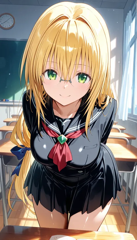 masterpiece, score_9, score_8_up, score_7_up, anime, pinup, greatest masterpiece, full twinkle, perfect face, best quality, high resolution, 1 girl, Tearju,blonde hair,green eyes,low-tied long hair,blue hair bow, t_glasses,rimless glasses, light skin, smil...