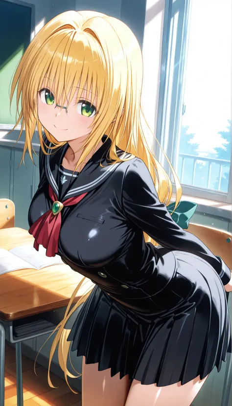 masterpiece, score_9, score_8_up, score_7_up, anime, pinup, greatest masterpiece, full twinkle, perfect face, best quality, high resolution, 1 girl, Tearju,blonde hair,green eyes,low-tied long hair,blue hair bow, t_glasses,rimless glasses, light skin, smil...