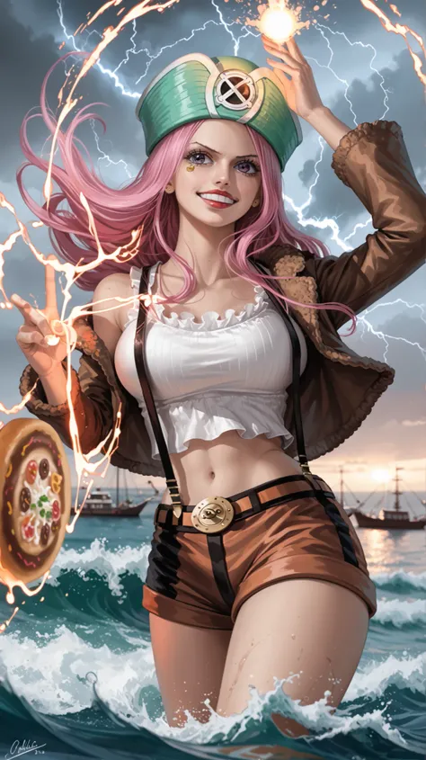 Jewelry Bonney in Gear Fifth style, inspired by Luffy’s transformation from One Piece — her pink hair turned white and flowing upwards with divine energy, cartoonish god-like expressions, surrounded by swirling smoke-like aura and glowing white tendrils. S...