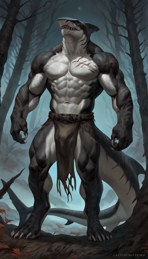 Muscular anthro shark, solo, fighter, scars on body, 1male solo, small waist, thick shark tail, marked detailed jaws, pants with loincloth, full body, comicbook style, best quality, 4k, ultra-detailed, by laobai, by taran fiddler, by honovy, by null-ghost,...