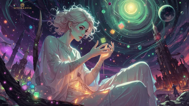 Abstract Surrealism Art. The celestial translucent mam tries his hand at dice magic, purple cosmic skies with greens and reds.