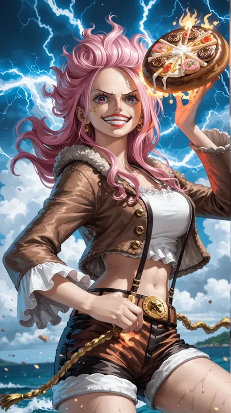 Jewelry Bonney in Gear Fifth style, inspired by Luffy’s transformation from One Piece — her pink hair turned white and flowing upwards with divine energy, cartoonish god-like expressions, surrounded by swirling smoke-like aura and glowing white tendrils. S...