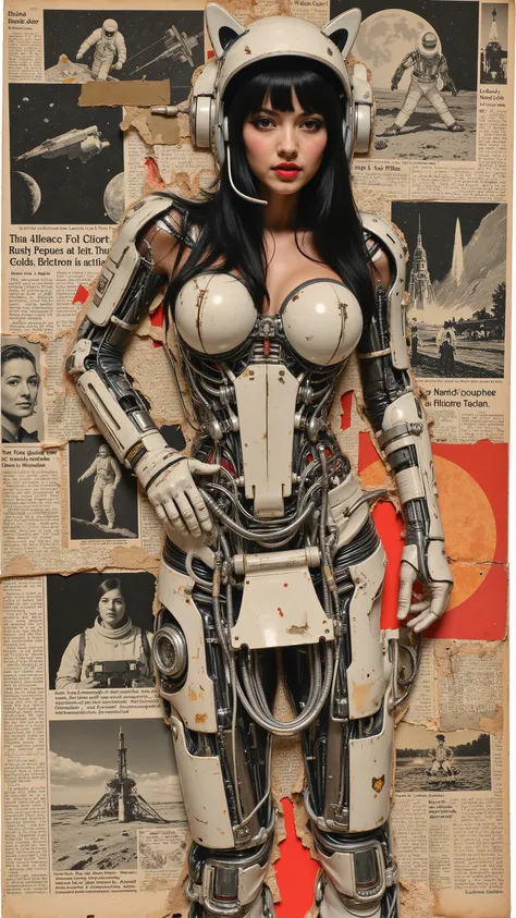 masterpiece retro-inspired collage composed of newspaper clippings and old photos, chaotic and playful composition, poorly glued on a piece of paper. In the midst of vintage black and white newspaper photos from the 1960s space programs featuring astronaut...