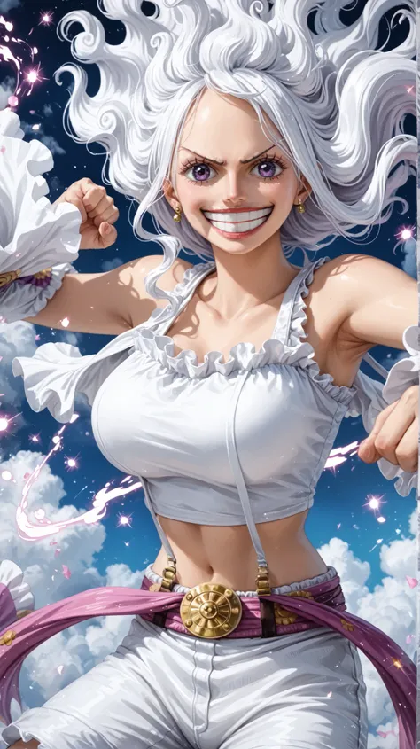 Jewelry Bonney from One Piece, transformed into a Gear Fifth-inspired form: voluminous, cloud-like white hair floating upwards with magical energy, a playful, divine expression, and a wide smile. She wears a tight white crop top and white shorts, with a pu...
