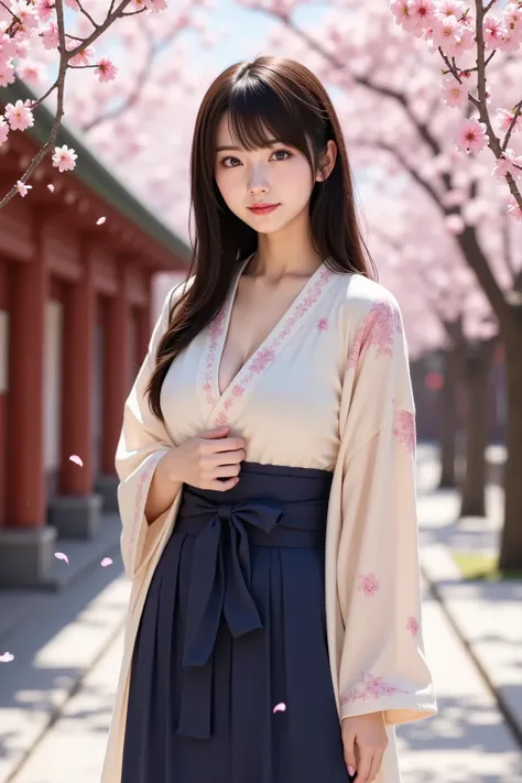 sakura, huge breast, ultra-high-resolution 8K anime-style CG illustration of a graceful young woman standing beneath blooming cherry blossoms on a serene spring day. The image is composed to fully capture her figure from the head to her waist within the fr...