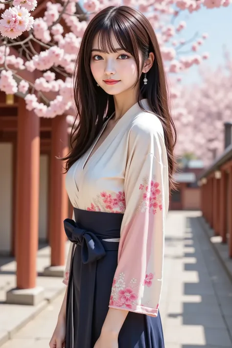sakura, firm breasts, ultra-high-resolution 8K anime-style CG illustration of a graceful young woman standing beneath blooming cherry blossoms on a serene spring day. The image is composed to fully capture her figure from the head to her waist within the f...