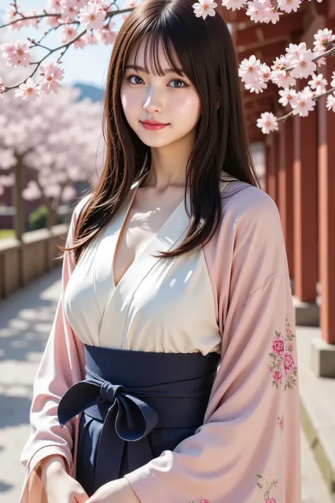 misaki, firm breasts, ultra-high-resolution 8K anime-style CG illustration of a graceful young woman standing beneath blooming cherry blossoms on a serene spring day. The image is composed to fully capture her figure from the head to her waist within the f...