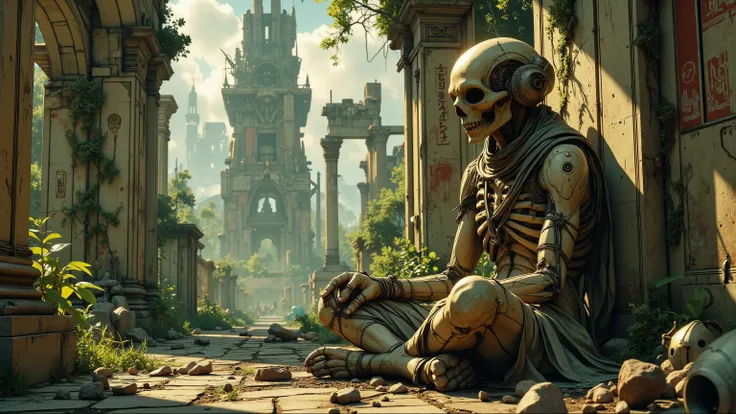 A full body photo of an hideous decaying alien mummy, meditating about the past life, at a long forgotten ancient alien imperial temple. ray tracing, horizon, landscape, panorama, UHD, HDR, 16k, DSLR, photorealistic, cinematic, masterpiece, award-winning.
