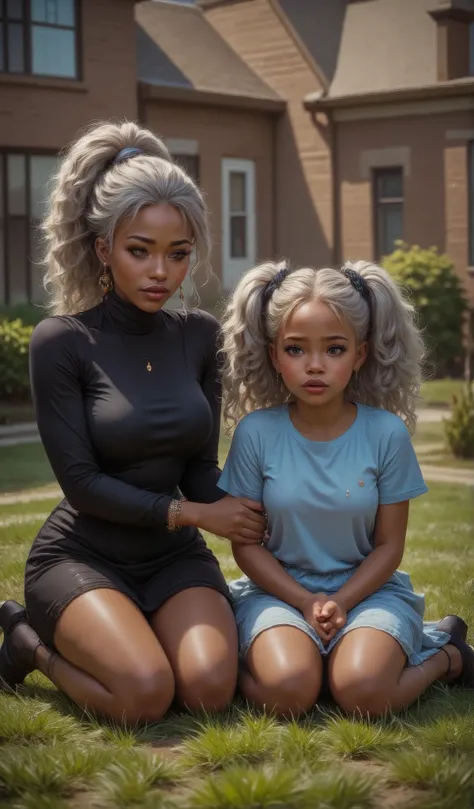 A mother and young daughter are on there knees in the grass in front of there home crying very sad, holding each other together outdoors. One person has dark brown skin and is wearing a fitted black dress, bracelets, and earrings, and their hair is styled ...