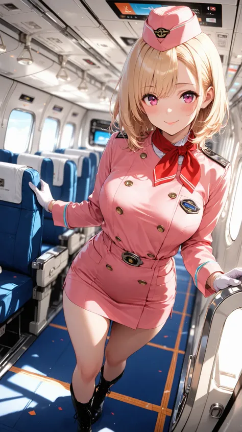 masterpiece,best quality,ultra detailed,8K,super fine illustration,highly detailed beautiful face and eyes,perfect anatomy,professional lighting,1girl,flight attendant,solo, safe,orange dress,pink dress,two-tone dress,microskirt,boots,smile,airplane interi...