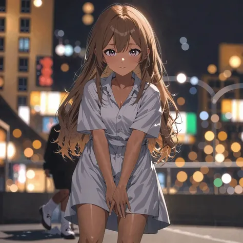 1 girl(kogyaru)、delicate expression、Slightly lonely eyes、hair is brown and semi-long、wearing uniform、loose socks、Toned Legs、is standing、The background is the cityscape、All、bright colors、High Quality、high resolution、Masterpieces、Super Fine、realistic、HDR、stu...
