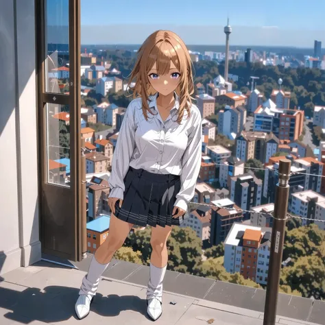 1 girl(kogyaru)、delicate expression、Slightly lonely eyes、hair is brown and semi-long、wearing uniform、loose socks、Toned Legs、is standing、The background is the cityscape、All、bright colors、High Quality、high resolution、Masterpiece、Super Fine、realistic、HDR、stud...