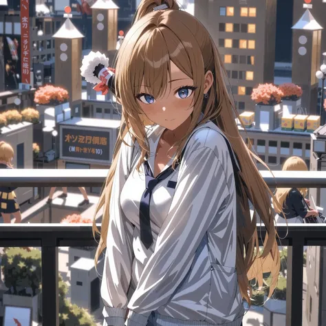 1 girl(kogyaru)、delicate expression、Slightly lonely eyes、hair is brown and semi-long、wearing uniform、loose socks、Toned Legs、is standing、The background is the cityscape、All、bright colors、High Quality、high resolution、Masterpiece、Super Fine、realistic、HDR、stud...