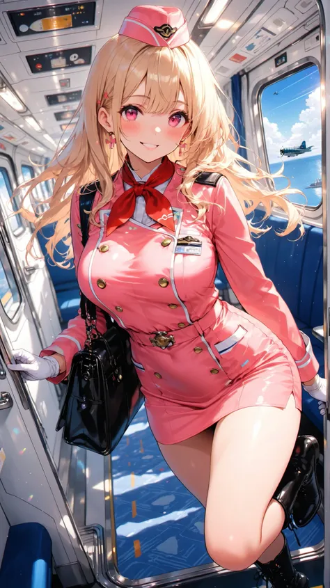 masterpiece,best quality,ultra detailed,8K,super fine illustration,highly detailed beautiful face and eyes,perfect anatomy,professional lighting,1girl,flight attendant,solo, safe,orange dress,pink dress,two-tone dress,microskirt,boots,smile,airplane interi...