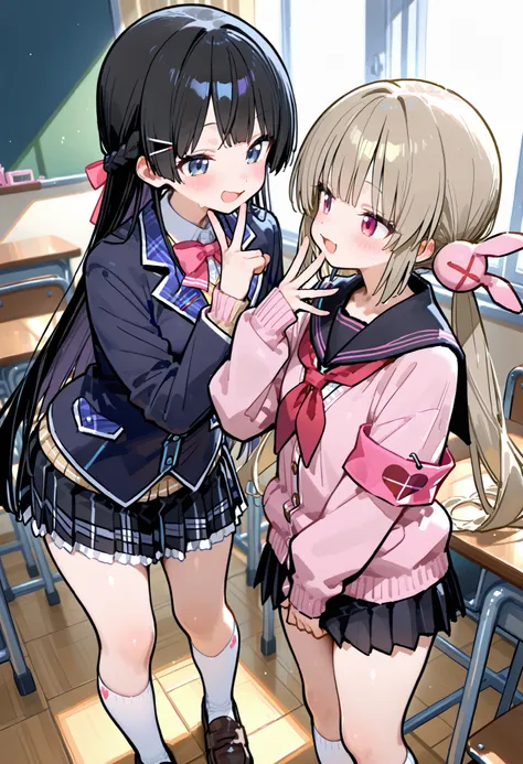 748cmstyle。2 girls。Tsukino Mito(Nijisanji)、blazer uniform。machine。hand sign。face to face。is standing。Classroom。natori sana, virtual youtuber, twintails, low twintails, hair ornament, pink cardigan, black sailor collar, red neckerchief, pleated skirt, black...