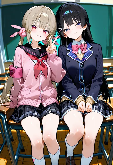 748cmstyle。2 girls。Tsukino Mito(Nijisanji)、blazer uniform。machine。 hand gesture。stand side by side。Classroom。natori sana, virtual youtuber, twintails, low twintails, hair ornament, pink cardigan, black sailor collar, red neckerchief, pleated skirt, black s...