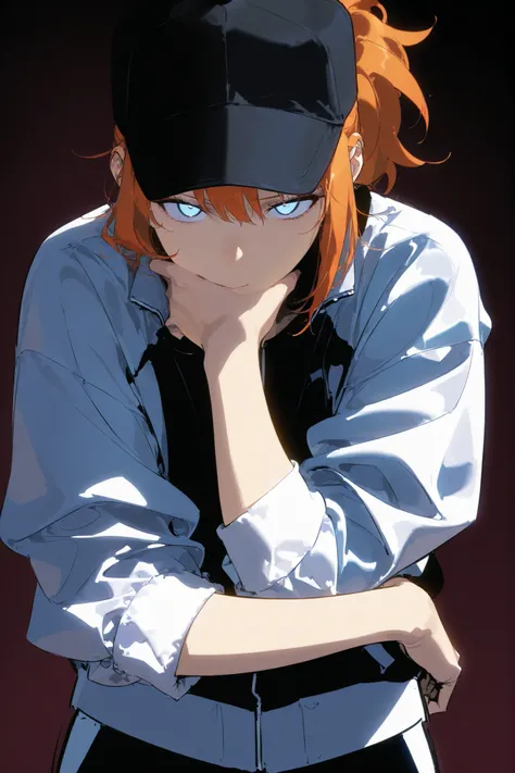 Beautifull, Athletic, alone, woman, orange hair in a ponytail, black cap, black light blue eye,  white Half-closed jacket with rolled up sleeves, , intricate sketch, expressive eyes nose and mouth, simple pose, perfect Anatomy, thick line , looking down at...