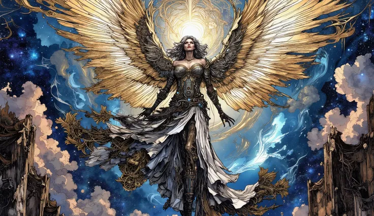 A surreal dreamscape where a mechanical angel descends from the heavens in an epic pose, its wings shimmering with iridescent light and intricate mechanical details. The angel wears a gown of interlocking gears and wires, adorned with glowing neon accents....