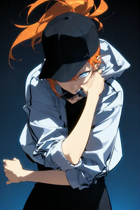 Beautifull, Athletic, alone, woman, orange hair in a ponytail, black cap, black light blue eye,  white Half-closed jacket with rolled up sleeves, , intricate sketch, expressive eyes nose and mouth, simple pose, perfect Anatomy, thick line , looking down at...