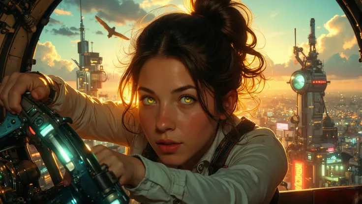 A dynamic close-up shot of a super-powered girl, her eyes glowing with energy, maneuvering a sleek, futuristic light ship in the sky. The ship is illuminated by the golden hour sunlight, casting a warm glow on her determined face. She is in a dynamic pose,...