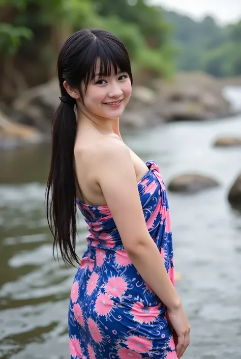 Realistic photo Of A Japanese girl, visible to the feet , curvaceous body, using blue pink wet batik sarong, face facing the camera. Elegant elegant style elegant aesthetic . sexy butt, big ass and hips, Good Detail . stand sideways with pleasure and smil...