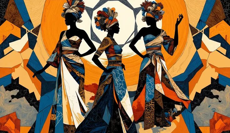 a painting of three women in colorful dresses dancing, African arts, abstract human figures dancing, dancers , dancing gracefully, arte negra, inspired , trending artistic art, people dancing,  Afrocentric Mysticism , ,  figurative abstract art , por Chinw...