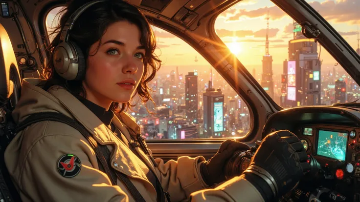 Close-up on a super-powered girl's determined face as she pilots her sleek light ship through the golden hour sky. Her eyes aglow with energy, she grips the controls with focus. The warm sunlight casts a glow on her ultra-detailed skin, highlighting pores ...