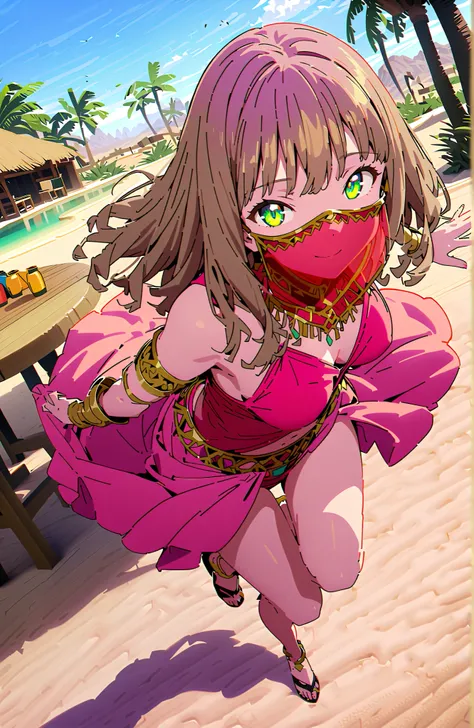 Yume minami, long hair, brown hair, green eyes, bungs,smile,Medium breast,Arabian clothing,Bare legs,  dancer , mouth Veil, belly Dancing, Veil, armlet, Palm Tree, water, Dancing,full bodyがillustrationsに入るように,break outdoors, desert, oasis，
break looking at...