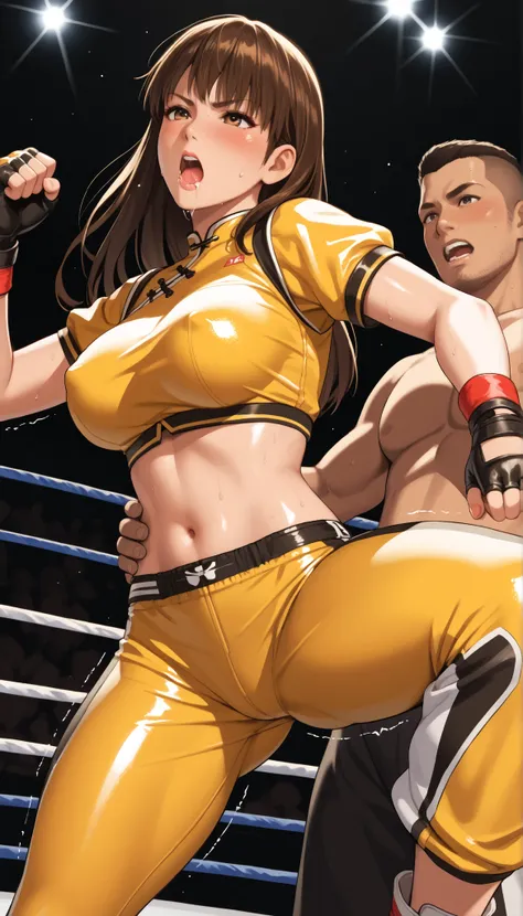 LeiFangDOA, brown hair, (long brown straight hair:1.5), shiny crop top, shiny yellow leggings, short sleeves, fingerless gloves, breasts, gasp, be breathless, sweat, sparkling sweat, trembling, brown eyes, breasts, looking at viewer, [[angry]], blush, {ang...