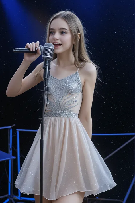 Real Live Action、high resolution、 Skinny Small Breasts Scandinavian Swiss Half Beautiful Girl、clear white simple dress、Anime woman holding a microphone singing happily 、solo、outdoor live stage
